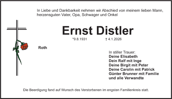 Traueranzeige von Ernst Distler von Roth-Hilpoltsteiner Volkszeitung Lokal