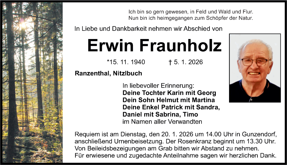  Traueranzeige für Erwin Fraunholz vom 17.01.2026 aus Nordbayerische Nachrichten Pegnitz Lokal