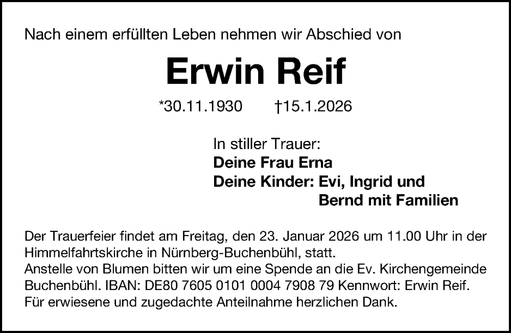  Traueranzeige für Erwin Reif vom 21.01.2026 aus Gesamtausgabe Nürnberger Nachrichten/ Nürnberger Ztg.