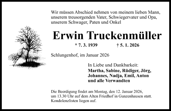 Traueranzeige von Erwin Truckenmüller von Altmühl-Bote Lokal