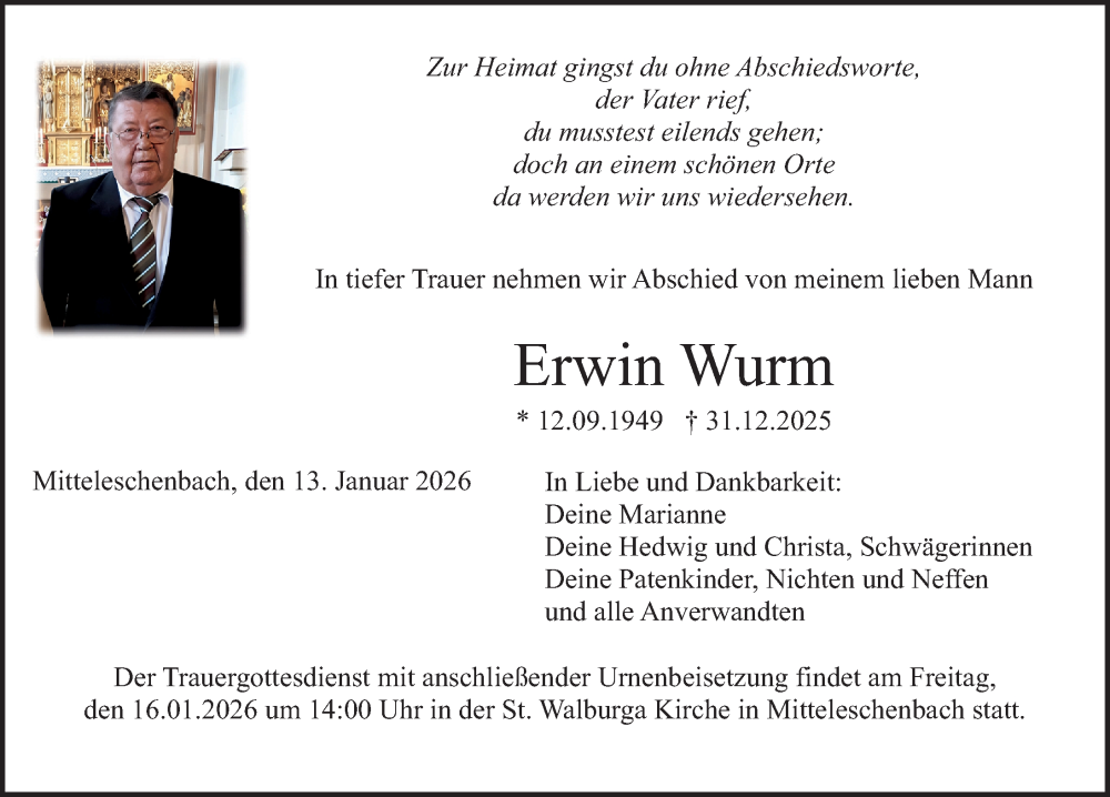  Traueranzeige für Erwin Wurm vom 13.01.2026 aus Altmühl-Bote Lokal