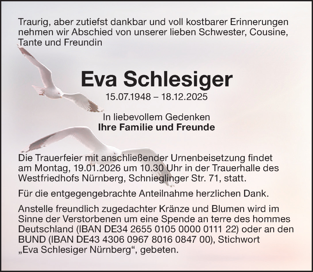  Traueranzeige für Eva Schlesiger vom 10.01.2026 aus Gesamtausgabe Nürnberger Nachrichten/ Nürnberger Ztg.