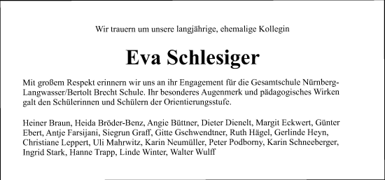 Traueranzeige von Eva Schlesiger von Gesamtausgabe Nürnberger Nachrichten/ Nürnberger Ztg.