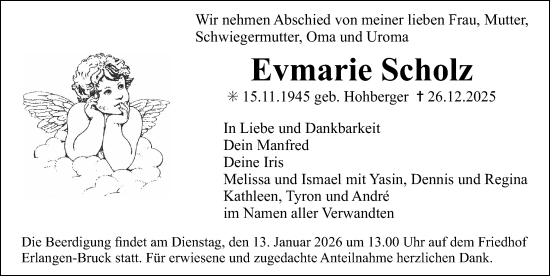 Traueranzeige von Evmarie Scholz von Erlanger Nachrichten Lokal