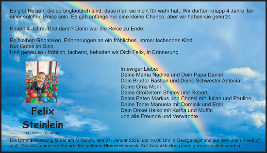Traueranzeige von Felix Steinlein von Roth-Hilpoltsteiner Volkszeitung Lokal