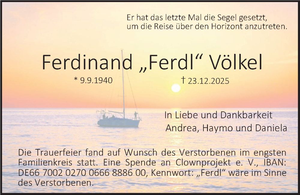  Traueranzeige für Ferdinand Völkel vom 17.01.2026 aus Erlanger Nachrichten Lokal