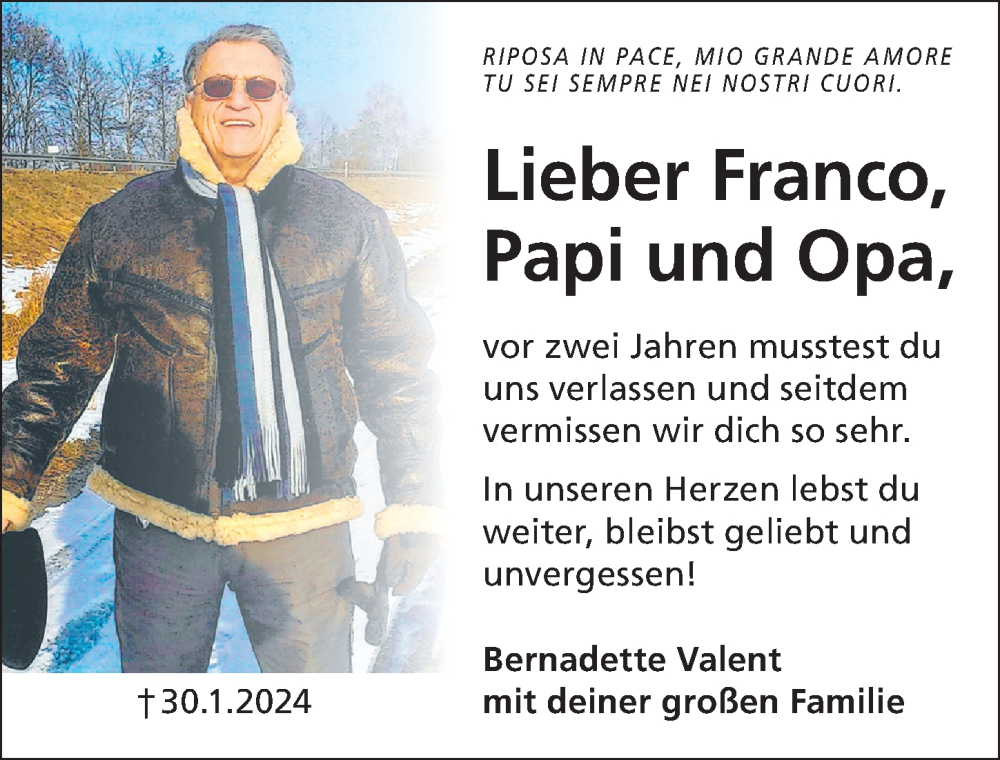  Traueranzeige für Franco Valent vom 30.01.2026 aus Altmühl-Bote Lokal