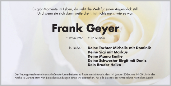 Traueranzeige von Frank Geyer von Nordbayerische Nachrichten Forchheim Lokal