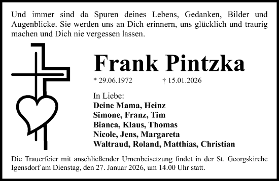 Traueranzeige von Frank Pintzka von Nordbayerische Nachrichten Forchheim Lokal