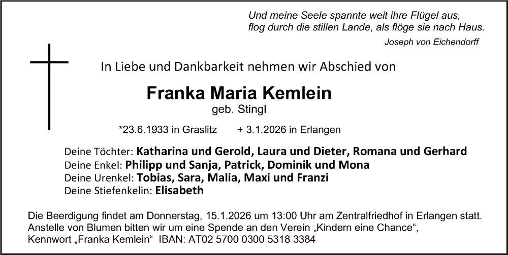  Traueranzeige für Franka Maria Kemlein vom 10.01.2026 aus Erlanger Nachrichten Lokal