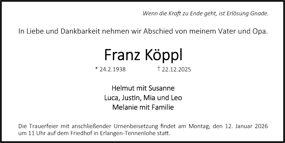  Traueranzeige für Franz Köppl vom 07.01.2026 aus Gesamtausgabe Nürnberger Nachrichten/ Nürnberger Ztg.