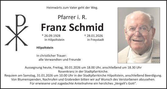 Traueranzeige von Franz Schmid von Roth-Hilpoltsteiner Volkszeitung Lokal
