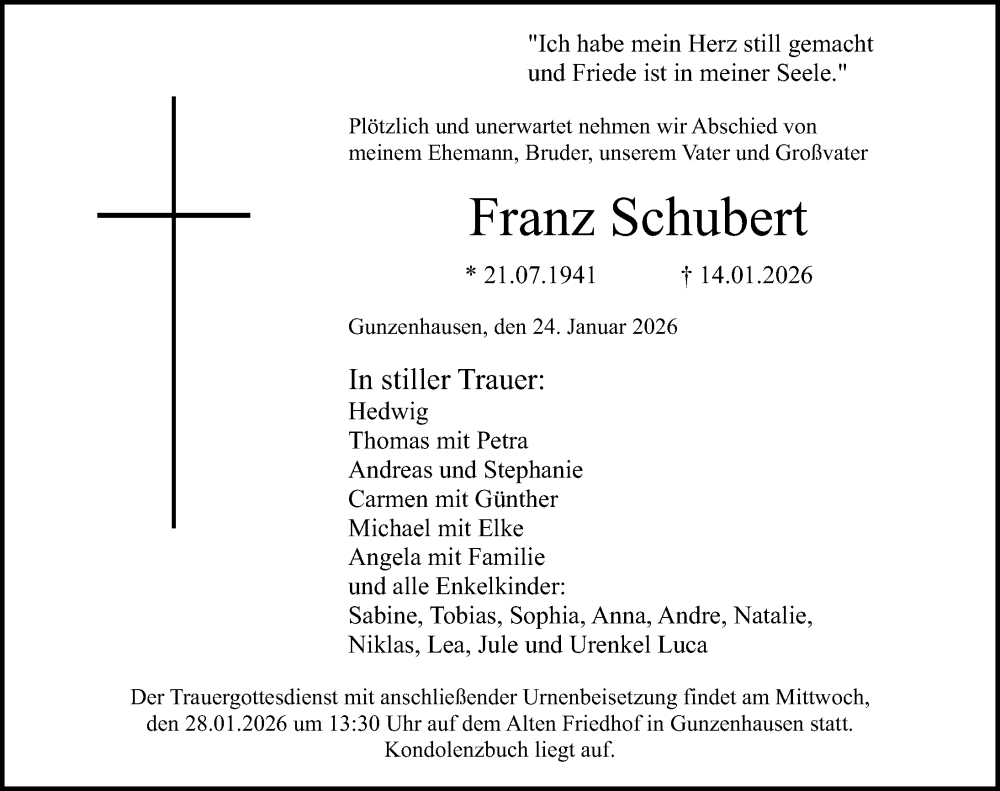  Traueranzeige für Franz Schubert vom 24.01.2026 aus Altmühl-Bote Lokal