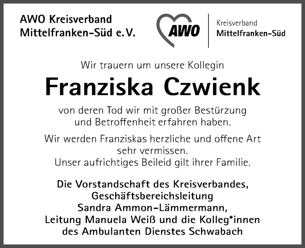  Traueranzeige für Franziska Czwienk vom 24.01.2026 aus Schwabacher Tagblatt Lokal