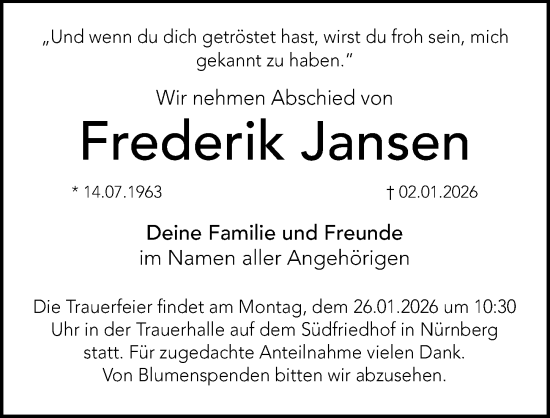 Traueranzeige von Frederik Jansen von Gesamtausgabe Nürnberger Nachrichten/ Nürnberger Ztg.