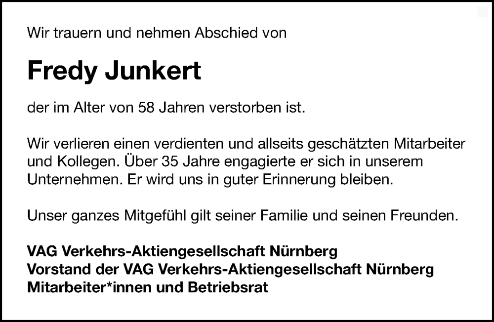  Traueranzeige für Fredy Junkert vom 09.01.2026 aus Gesamtausgabe Nürnberger Nachrichten/ Nürnberger Ztg.