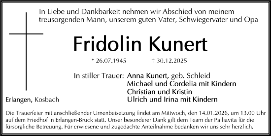Traueranzeige von Fridolin Kunert von Erlanger Nachrichten Lokal