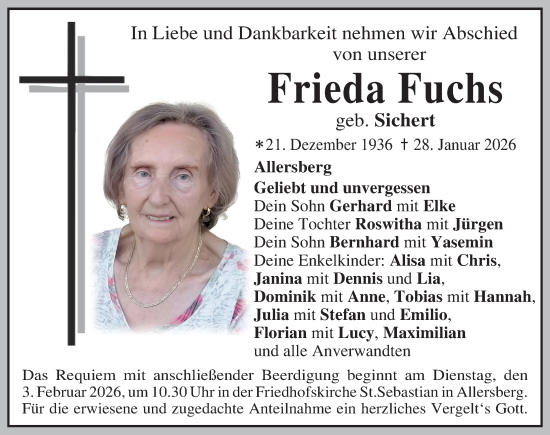 Traueranzeige von Frieda Fuchs von Roth-Hilpoltsteiner Volkszeitung Lokal