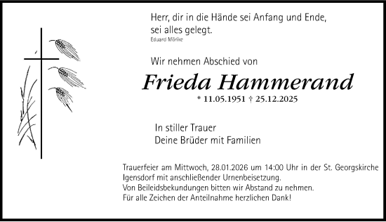 Traueranzeige von Frieda Hammerand von Nordbayerische Nachrichten Forchheim Lokal