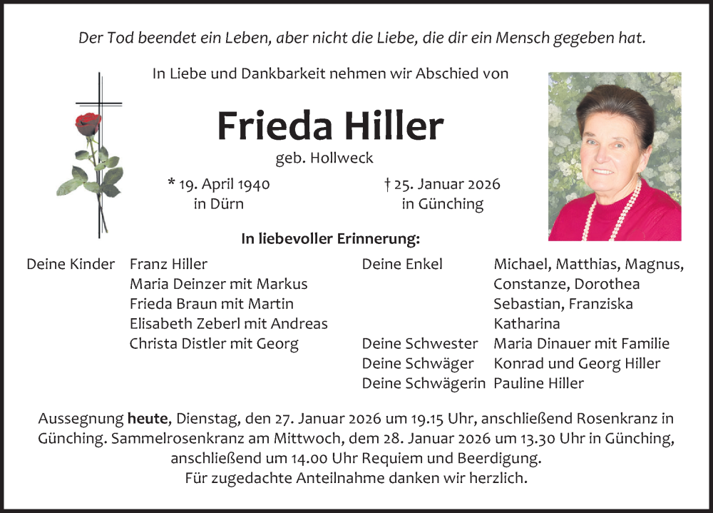  Traueranzeige für Frieda Hiller vom 27.01.2026 aus Neumarkter Nachrichten Lokal