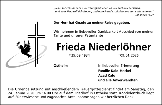 Traueranzeige von Frieda Niederlöhner von Altmühl-Bote Lokal
