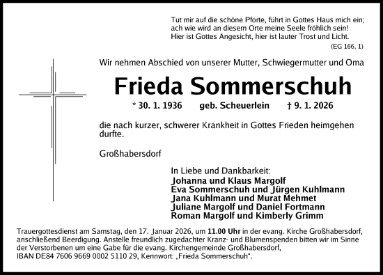 Traueranzeige von Frieda Sommerschuh von Fürther Nachrichten Lokal