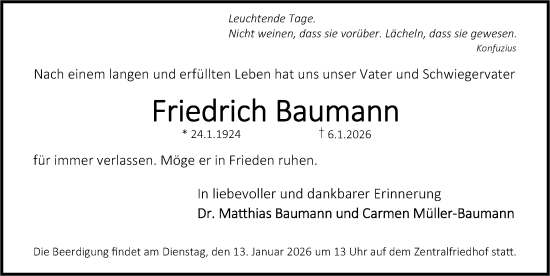 Traueranzeige von Friedrich Baumann von Erlanger Nachrichten Lokal