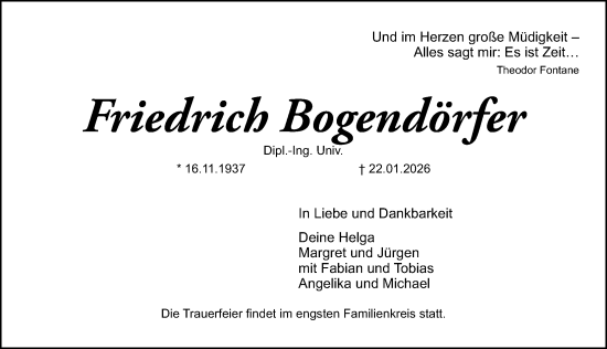 Traueranzeige von Friedrich Bogendörfer von Gesamtausgabe Nürnberger Nachrichten/ Nürnberger Ztg.