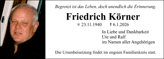Traueranzeige von Friedrich Körner von Erlanger Nachrichten Lokal