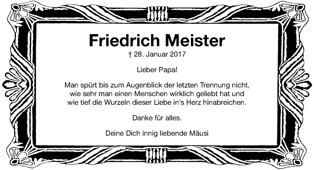  Traueranzeige für Friedrich Meister vom 28.01.2026 aus Erlanger Nachrichten Lokal
