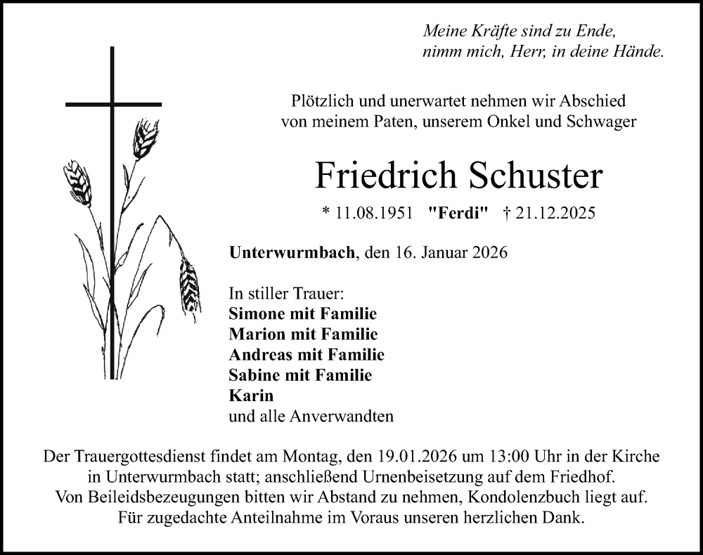  Traueranzeige für Friedrich Schuster vom 16.01.2026 aus Altmühl-Bote Lokal