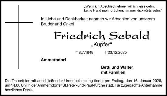 Traueranzeige von Friedrich Sebald von Fürther Nachrichten Lokal