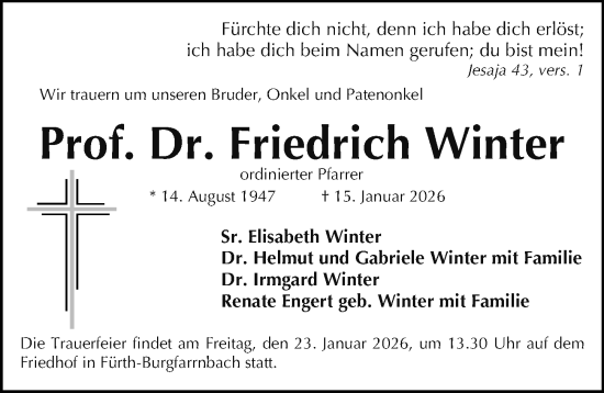 Traueranzeige von Friedrich Winter von Gesamtausgabe Nürnberger Nachrichten/ Nürnberger Ztg.