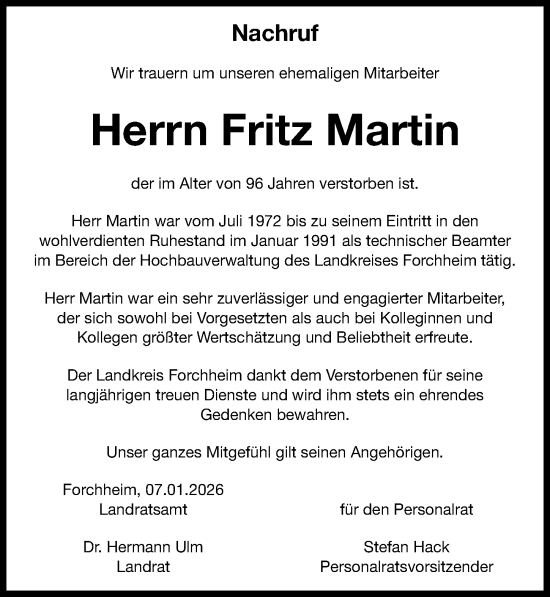 Traueranzeige von Fritz Martin von Nordbayerische Nachrichten Forchheim Lokal