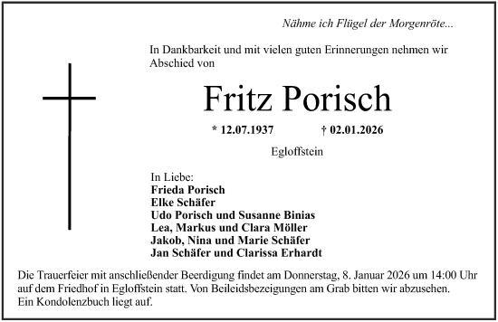 Traueranzeige von Fritz Porisch von Nordbayerische Nachrichten Forchheim Lokal