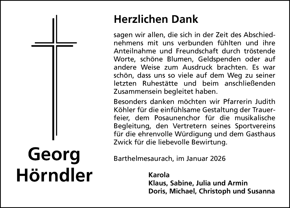  Traueranzeige für Georg Hörndler vom 17.01.2026 aus Schwabacher Tagblatt Lokal