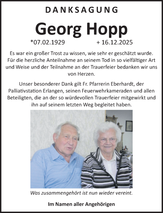 Traueranzeige von Georg Hopp von Erlanger Nachrichten Lokal