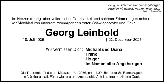 Traueranzeige von Georg Leinbold von Gesamtausgabe Nürnberger Nachrichten/ Nürnberger Ztg.