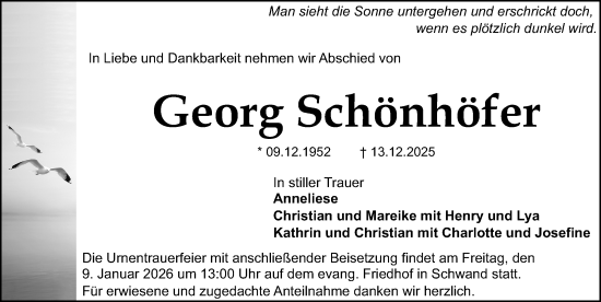 Traueranzeige von Georg Schönhöfer von Schwabacher Tagblatt Lokal