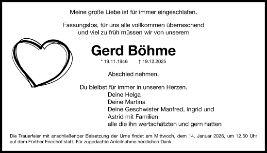 Traueranzeige von Gerd Böhme von Fürther Nachrichten Lokal