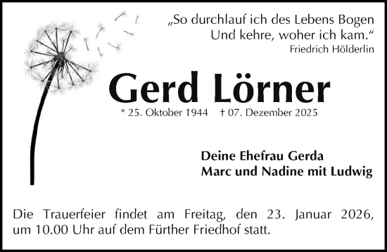 Traueranzeige von Gerd Lörner von Fürther Nachrichten Lokal
