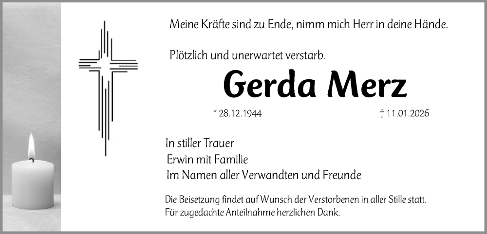  Traueranzeige für Gerda Merz vom 24.01.2026 aus Nordbayerische Nachrichten Forchheim Lokal