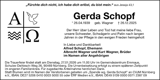 Traueranzeige von Gerda Schopf von Gesamtausgabe Nürnberger Nachrichten/ Nürnberger Ztg.