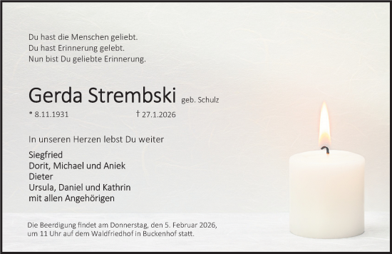 Traueranzeige von Gerda Strembski von Erlanger Nachrichten Lokal