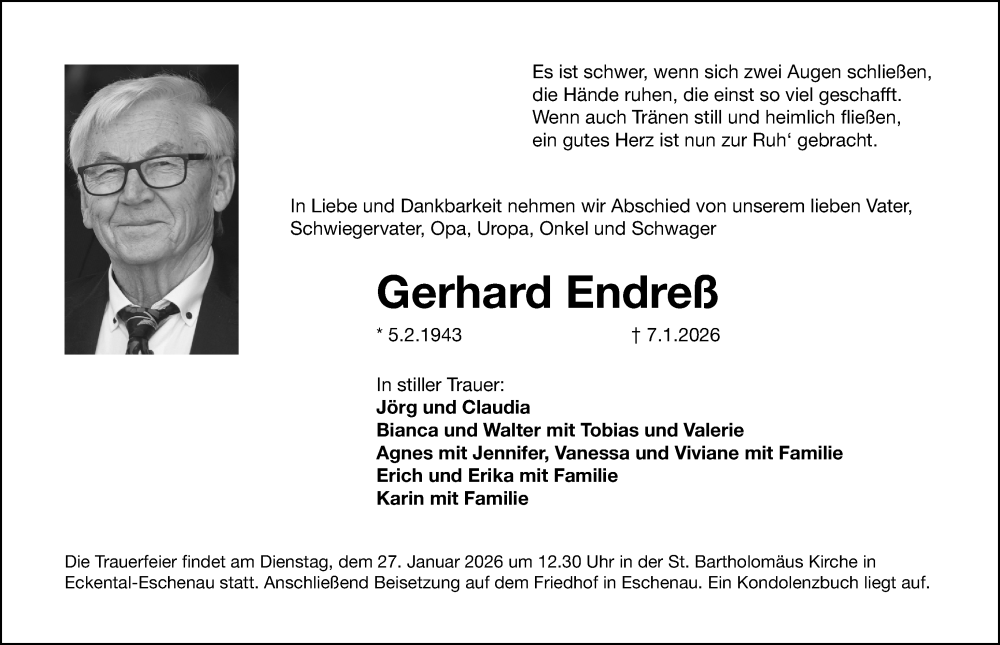  Traueranzeige für Gerhard Endreß vom 17.01.2026 aus Gesamtausgabe Nürnberger Nachrichten/ Nürnberger Ztg.