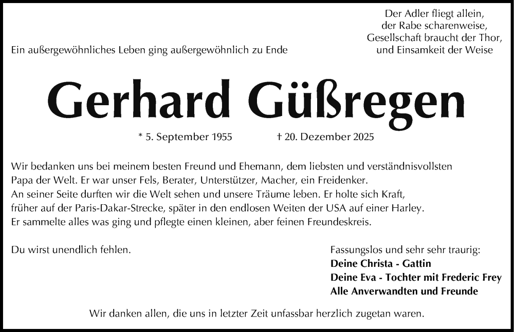 Traueranzeige für Gerhard Güßregen vom 10.01.2026 aus Gesamtausgabe Nürnberger Nachrichten/ Nürnberger Ztg.