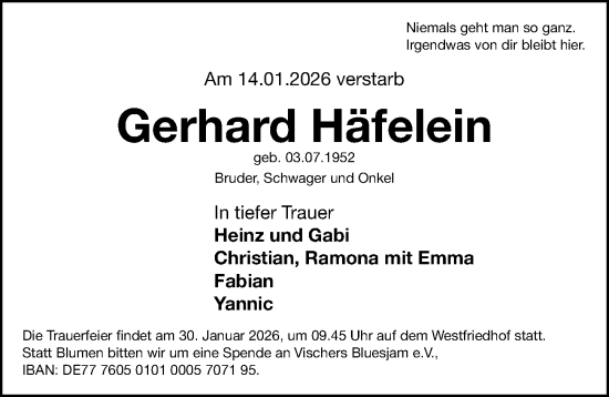 Traueranzeige von Gerhard Häfelein von Gesamtausgabe Nürnberger Nachrichten/ Nürnberger Ztg.