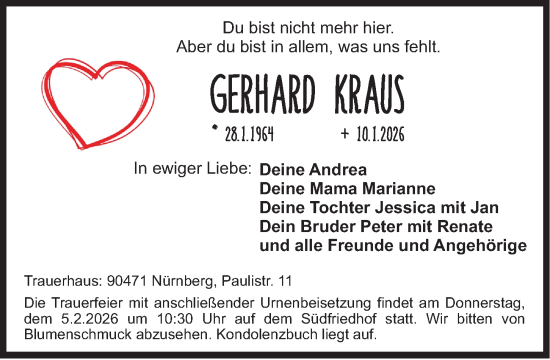 Traueranzeige von Gerhard Kraus von Gesamtausgabe Nürnberger Nachrichten/ Nürnberger Ztg.