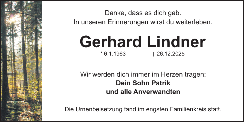  Traueranzeige für Gerhard Lindner vom 17.01.2026 aus Schwabacher Tagblatt Lokal