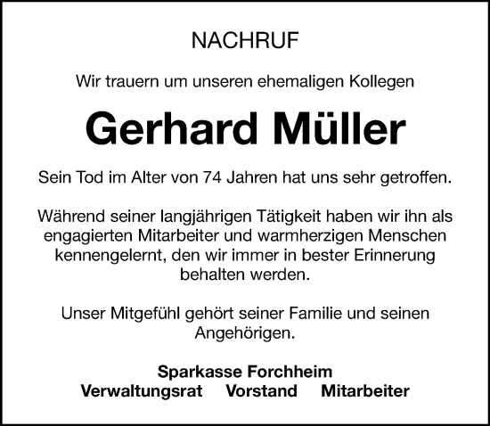 Traueranzeige von Gerhard Müller von Nordbayerische Nachrichten Forchheim Lokal